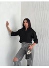 Kadın Crop Yakalı Gömlek Üç Çeyrek Sleeve Kol - Siyah