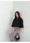 Kadın Crop Yakalı Gömlek Üç Çeyrek Sleeve Kol - Siyah