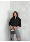 Kadın Crop Yakalı Gömlek Üç Çeyrek Sleeve Kol - Siyah