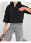 Kadın Crop Yakalı Gömlek Üç Çeyrek Sleeve Kol - Siyah