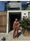 Kadın Keten Asimetrik Tek Omuzlu Bluz Pantalon Takım- Bordo