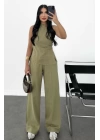 Kadın Keten Asimetrik Tek Omuzlu Bluz Pantalon Takım- Su Yeşili