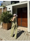 Kadın Keten Asimetrik Tek Omuzlu Bluz Pantalon Takım- Su Yeşili