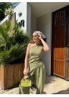 Kadın Keten Asimetrik Tek Omuzlu Bluz Pantalon Takım- Su Yeşili
