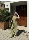 Kadın Keten Asimetrik Tek Omuzlu Bluz Pantalon Takım- Su Yeşili