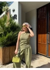 Kadın Keten Asimetrik Tek Omuzlu Bluz Pantalon Takım- Su Yeşili