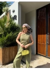 Kadın Keten Asimetrik Tek Omuzlu Bluz Pantalon Takım- Su Yeşili