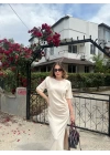 Kadın Kısa Kollu Uzun Yandan Yırtmaçlı Elbise - Beyaz