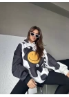 Kadın Smiley Face Kapüşonlu Sweatshirt - Siyah