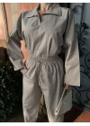 Kadın Uzun Kollu Yakalı Gömlek Pantalon Takım- Gri