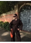 Kadın Uzun Kollu Yakalı Gömlek Pantalon Takım- Kahverengi