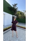 Kadın Yakalı Gömlek Kemerli Şortlu Takım - Bordo