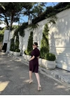 Kadın Yakalı Gömlek Kemerli Şortlu Takım - Bordo