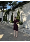 Kadın Yakalı Gömlek Kemerli Şortlu Takım - Bordo