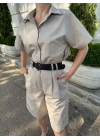 Kadın Yakalı Gömlek Kemerli Şortlu Takım - Gri