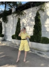Kadın Yakalı Gömlek Kemerli Şortlu Takım - Sarı