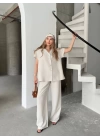 Keten Kısa Kollu Cepli Gömlek Pantolon ikili Takım - Beyaz