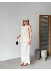 Keten Kolsuz Hırka Etek ikili Takım- Beyaz