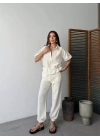 Keten Tam Fermuarlı Kısa kollu Gömlek Pantolon ikili Takım - Beyaz