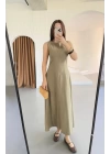 Keten Uzun Kolsuz Elbise- Haki