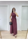 Kolsuz Göğüs Lastıklı Uzun Elbise - Bordo