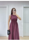 Kolsuz Göğüs Lastıklı Uzun Elbise - Bordo