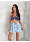 Kot Jeans Kesimetrik Kesim Cepli Şortlu Etek - Mavi