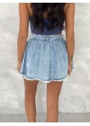 Kot Jeans Kesimetrik Kesim Cepli Şortlu Etek - Mavi