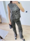 leopar desenli Düğmeli Bluzlu Pantolon İkili Takım -Leopar