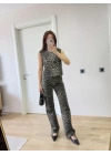 leopar desenli Düğmeli Bluzlu Pantolon İkili Takım -Leopar