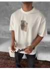 Ön ve Arka Baskılı Oversize Bisiklet Yaka T-shirt - Beyaz