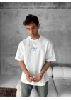 Ön ve Arka Baskılı Oversize Bisiklet Yaka T-shirt- Beyaz