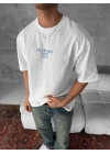 Ön ve Arka Baskılı Oversize Bisiklet Yaka T-shirt- Beyaz