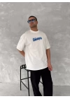 Ön ve Arka Baskılı Oversize Bisiklet Yaka T-shirt- Beyaz