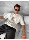 Ön ve Arka Baskılı Oversize Bisiklet Yaka T-shirt - Beyaz