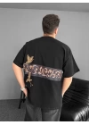 Ön ve Arka Baskılı Oversize Bisiklet Yaka T-shirt - Siyah