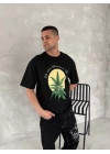 Ön ve Arka Baskılı Oversize Bisiklet Yaka T-shirt- Siyah