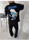Ön ve Arka Baskılı Oversize Bisiklet Yaka T-shirt- Siyah