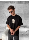 Ön ve Arka Baskılı Oversize Bisiklet Yaka T-shirt - Siyah