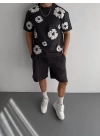 Ön ve Arka Baskılı Oversize Bisiklet Yaka T-shirt- Siyah