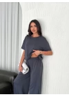 Osy Modal Yumuşak Dokulu Kumaş Bisiklet Yaka T-shirt Bol paça Pantalon ikili Takım -Antrasit