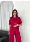 Osy Modal Yumuşak Dokulu Kumaş Bisiklet Yaka T-shirt Bol paça Pantalon ikili Takım -Bordo