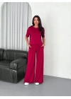 Osy Modal Yumuşak Dokulu Kumaş Bisiklet Yaka T-shirt Bol paça Pantalon ikili Takım -Bordo