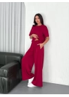 Osy Modal Yumuşak Dokulu Kumaş Bisiklet Yaka T-shirt Bol paça Pantalon ikili Takım -Bordo