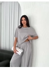 Osy Modal Yumuşak Dokulu Kumaş Bisiklet Yaka T-shirt  Bol paça Pantalon ikili Takım - Boyalı Gri