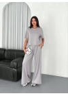 Osy Modal Yumuşak Dokulu Kumaş Bisiklet Yaka T-shirt  Bol paça Pantalon ikili Takım - Boyalı Gri