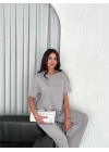 Osy Modal Yumuşak Dokulu Kumaş Bisiklet Yaka T-shirt  Bol paça Pantalon ikili Takım - Boyalı Gri