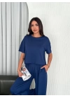 Osy Modal Yumuşak Dokulu Kumaş Bisiklet Yaka T-shirt Bol paça Pantalon ikili Takım -Saks Mavi