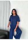 Osy Modal Yumuşak Dokulu Kumaş Bisiklet Yaka T-shirt Bol paça Pantalon ikili Takım -Saks Mavi