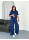 Osy Modal Yumuşak Dokulu Kumaş Bisiklet Yaka T-shirt Bol paça Pantalon ikili Takım -Saks Mavi